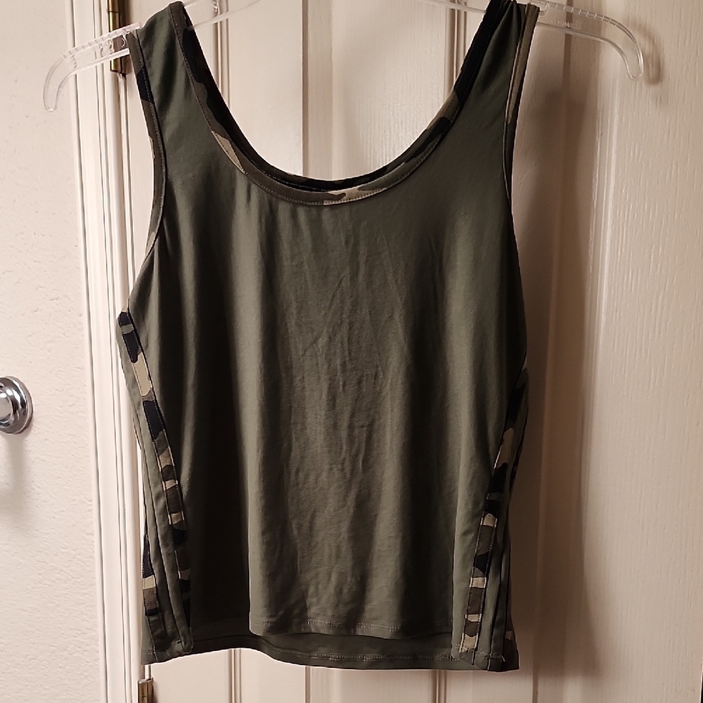 No Boundaries Olive Tank Top with Camo Details